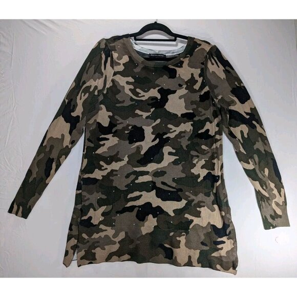 Boston Proper Rhinestone Camo Tunic Puff Sleeve Womens Large Stretch Fashionable - Picture 1 of 8